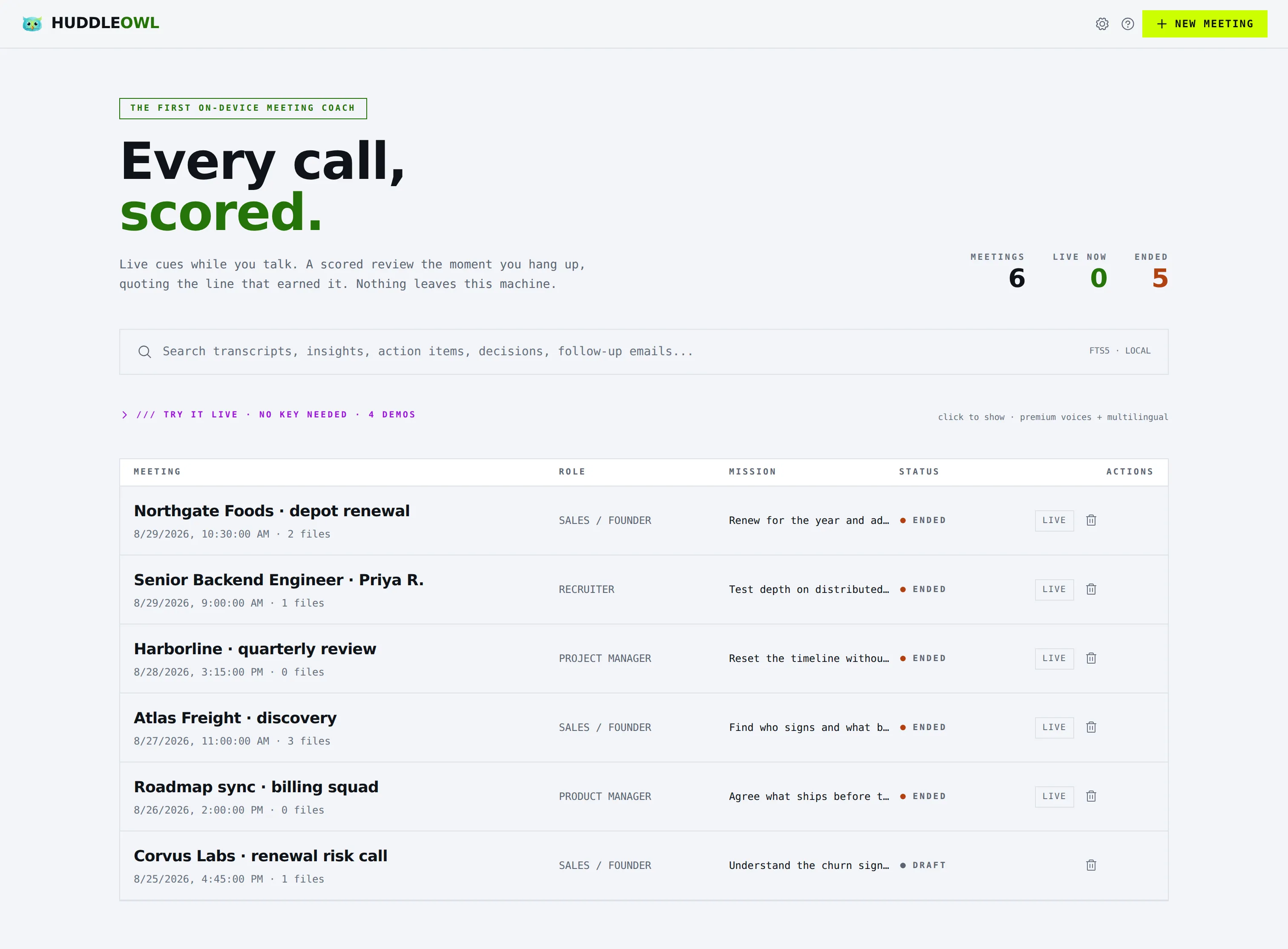 The meetings list: every call with its role, its mission and its status, above a full-text search box