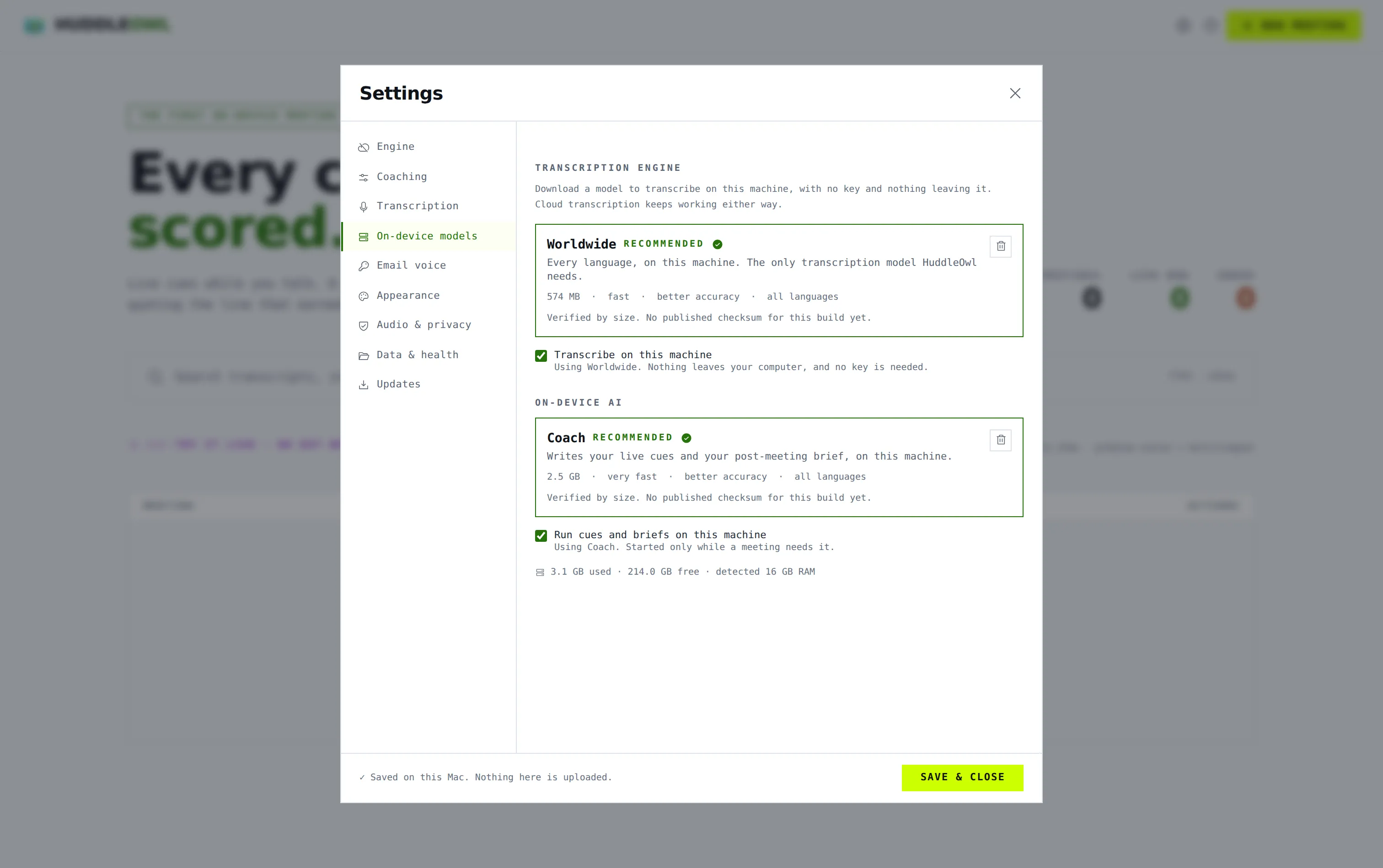 Settings showing both on-device models installed, with transcription and coaching switched to this machine